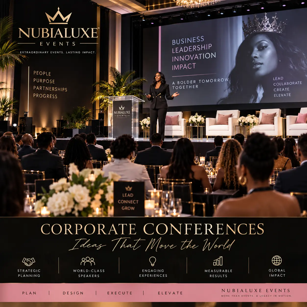 Corporate conference audience facing a lit main stage with a speaker at a clear podium