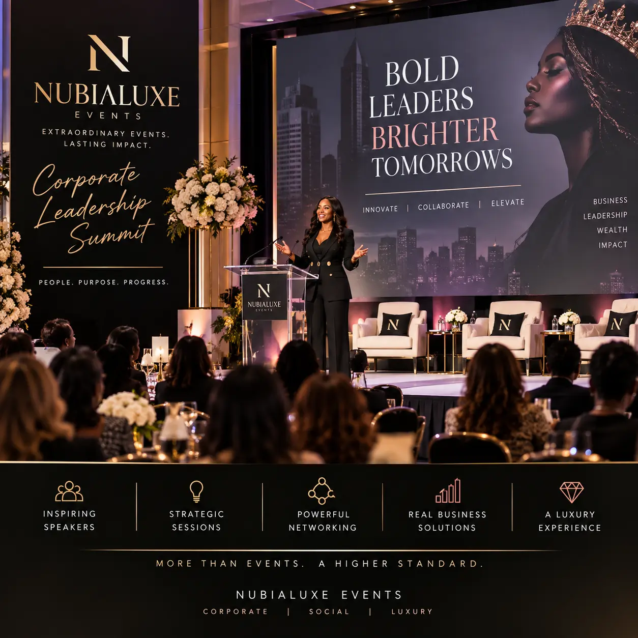 Nubia Luxe Events corporate leadership summit main stage with a keynote speaker and seated audience