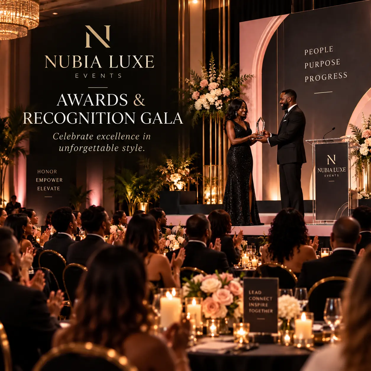 Awards and recognition gala with an honoree receiving a crystal award on stage
