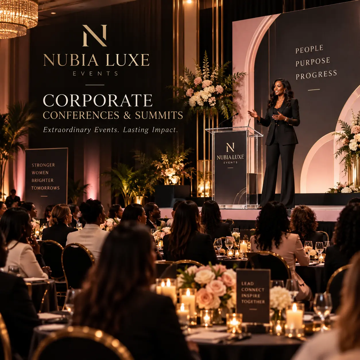 Nubia Luxe Events corporate conference ballroom with staged keynote and banquet seating