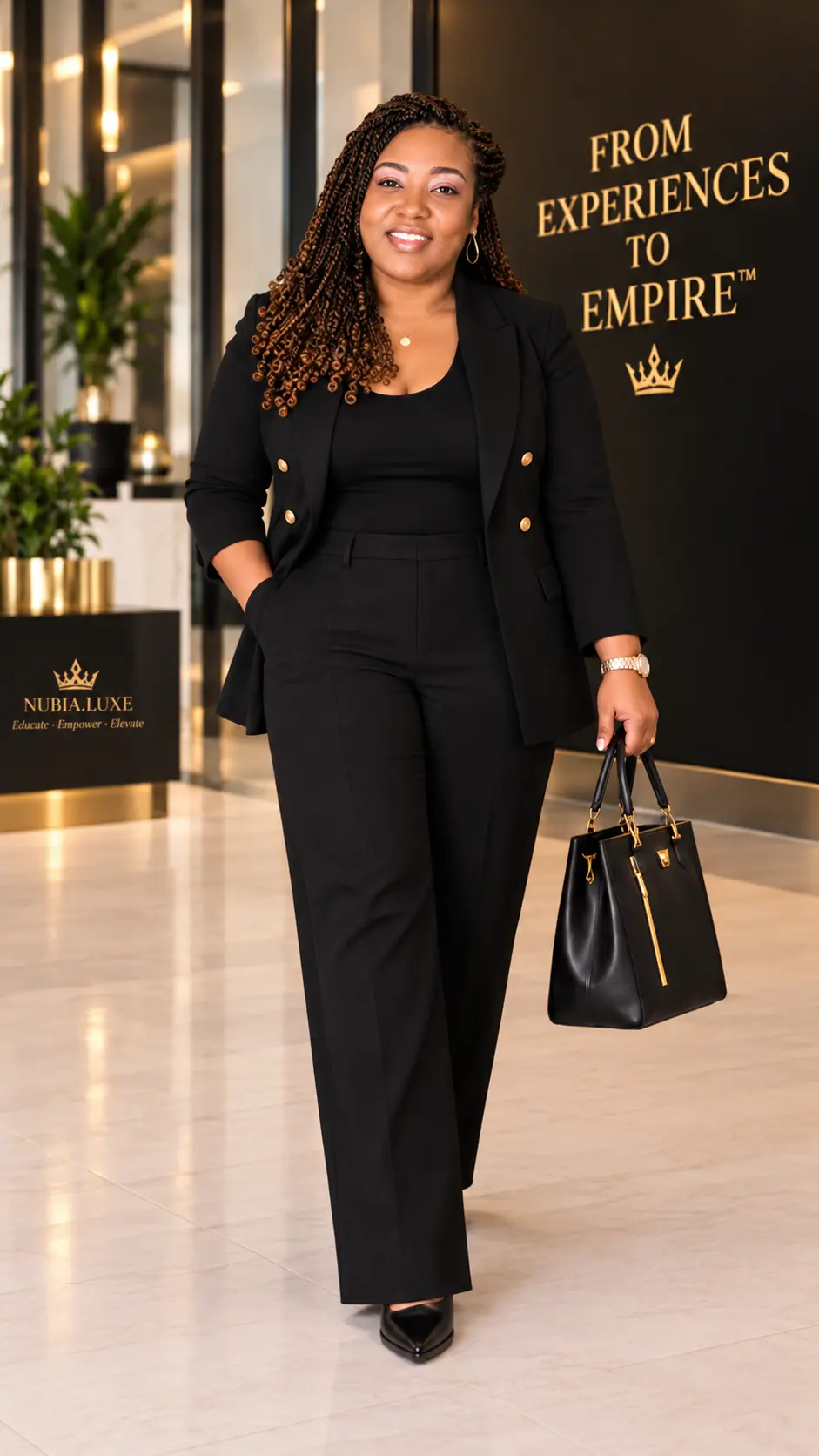 Yaschica Agoro walking through a corporate lobby in front of the From Experiences to Empire wall