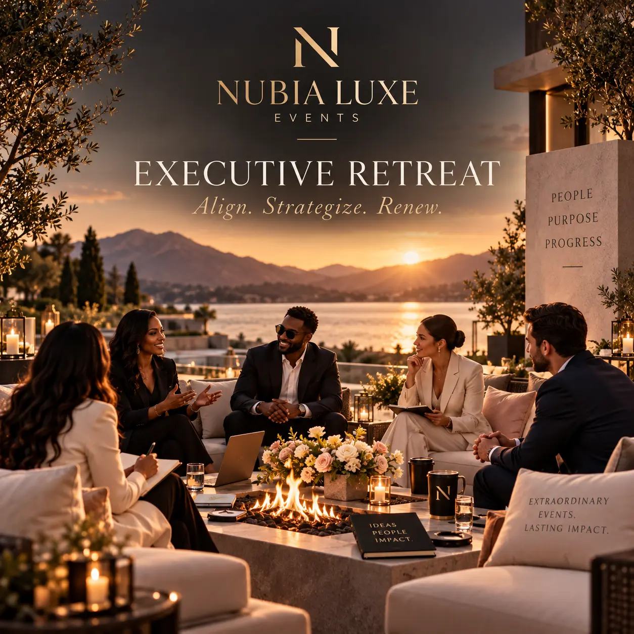 Executive retreat conversation around an outdoor fire table at sunset