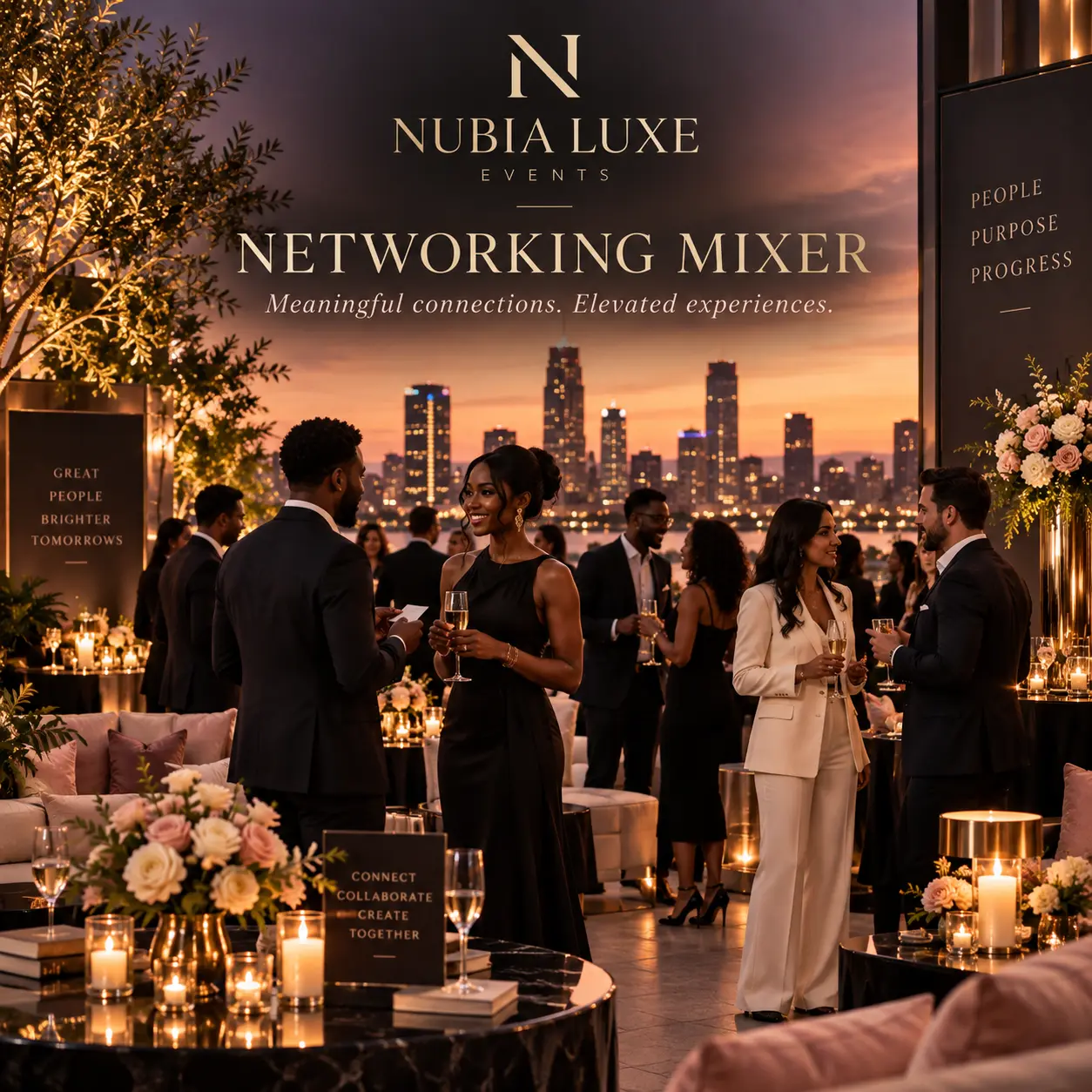 Rooftop networking mixer at sunset with guests in conversation and city skyline behind