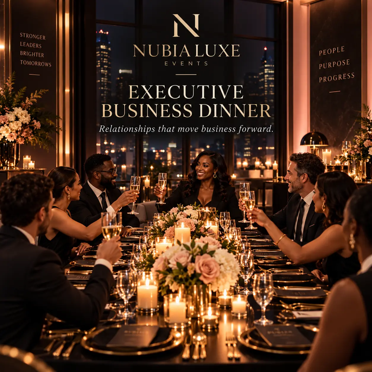 Executive business dinner with a candlelit table, floral centerpiece and city skyline