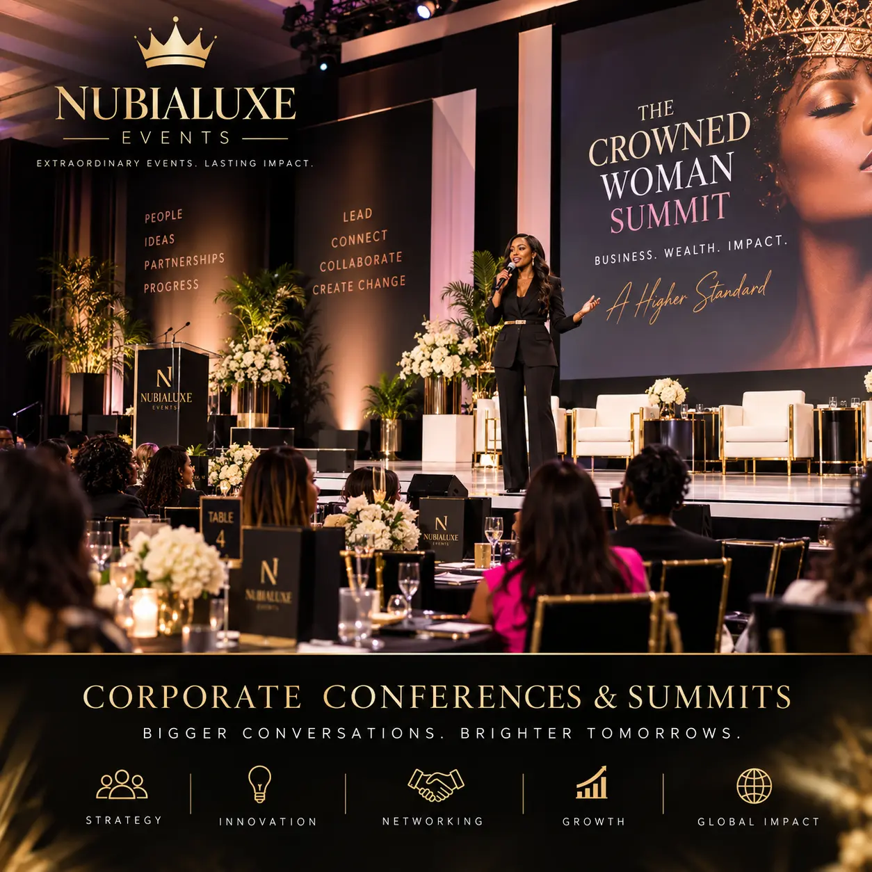 The Crowned Woman Summit stage with speaker, branded screen and seated guests