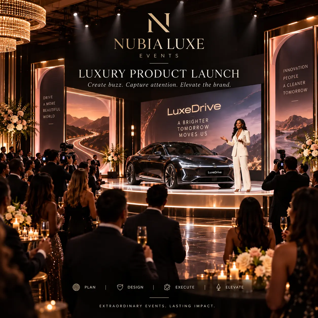 Luxury product launch reveal on a lit stage with press photographers and guests
